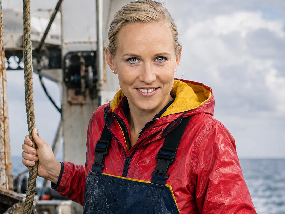 junge Frau auf Fischkutter in roter Jacke