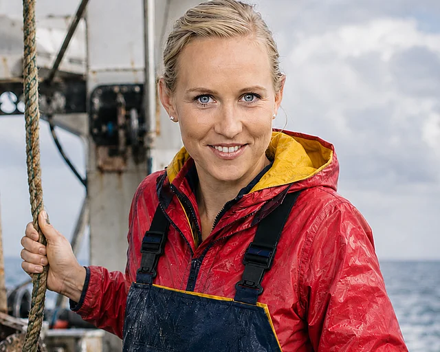 junge Frau auf Fischkutter in roter Jacke