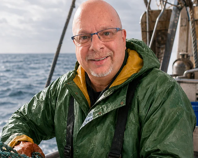 Mann auf Fischkutter am Netz mit grüner Jacke