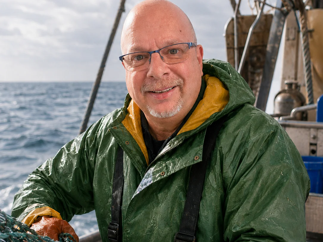 Mann auf Fischkutter am Netz mit grüner Jacke