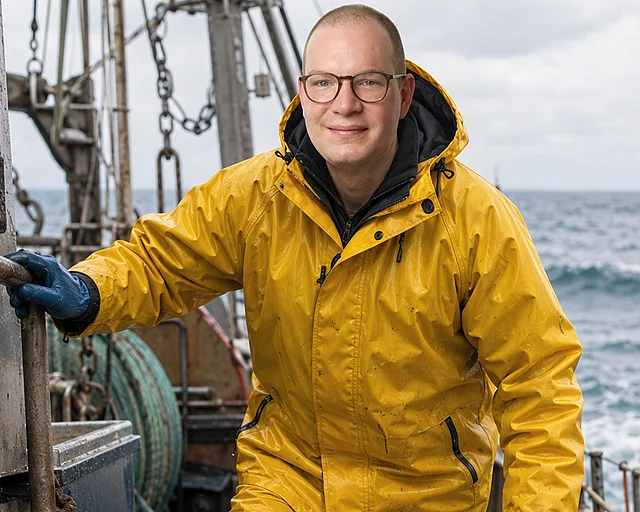 Mann im Friesennerz besteigt einen Fischkutter