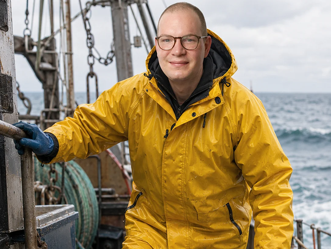Mann im Friesennerz besteigt einen Fischkutter