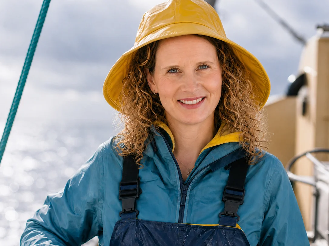 Frau auf Fischkutter mit gelbem Hut