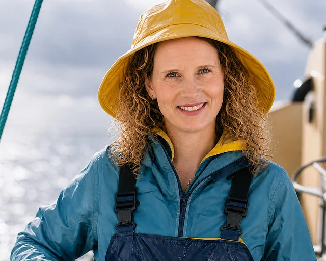 Frau auf Fischkutter mit gelbem Hut