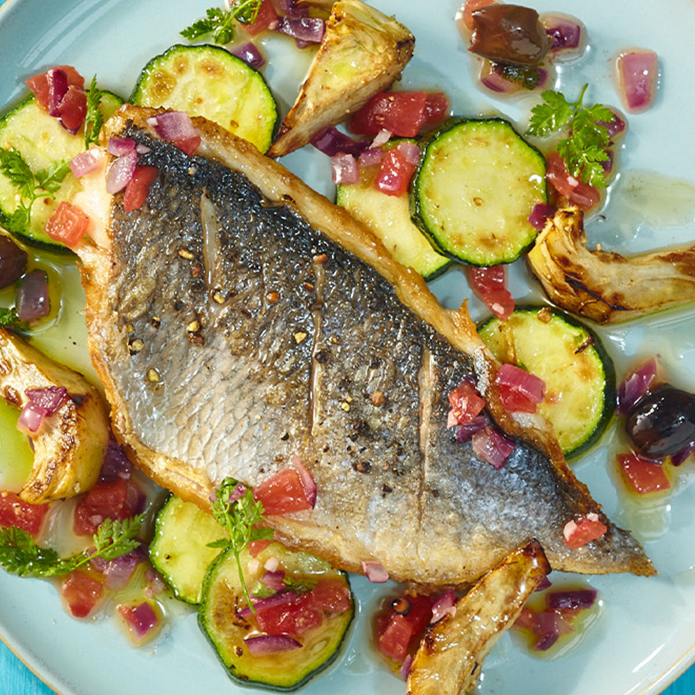 Doradenfilet mit geschmolzenen Gemüsen