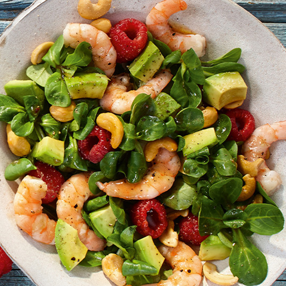 Feldsalat mit Pacific Prawns und Himbeeren